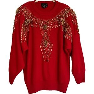 Holiday Christmas Vintage Angenie Sweater Lambs Wool Angora Red Sequined Size S